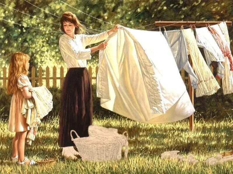 Картина женщина развешивает бельё. Висящая сестра. Бюстгальтер висит на веревке. Примеряет бюстгальтер. Девушка вниз головой.