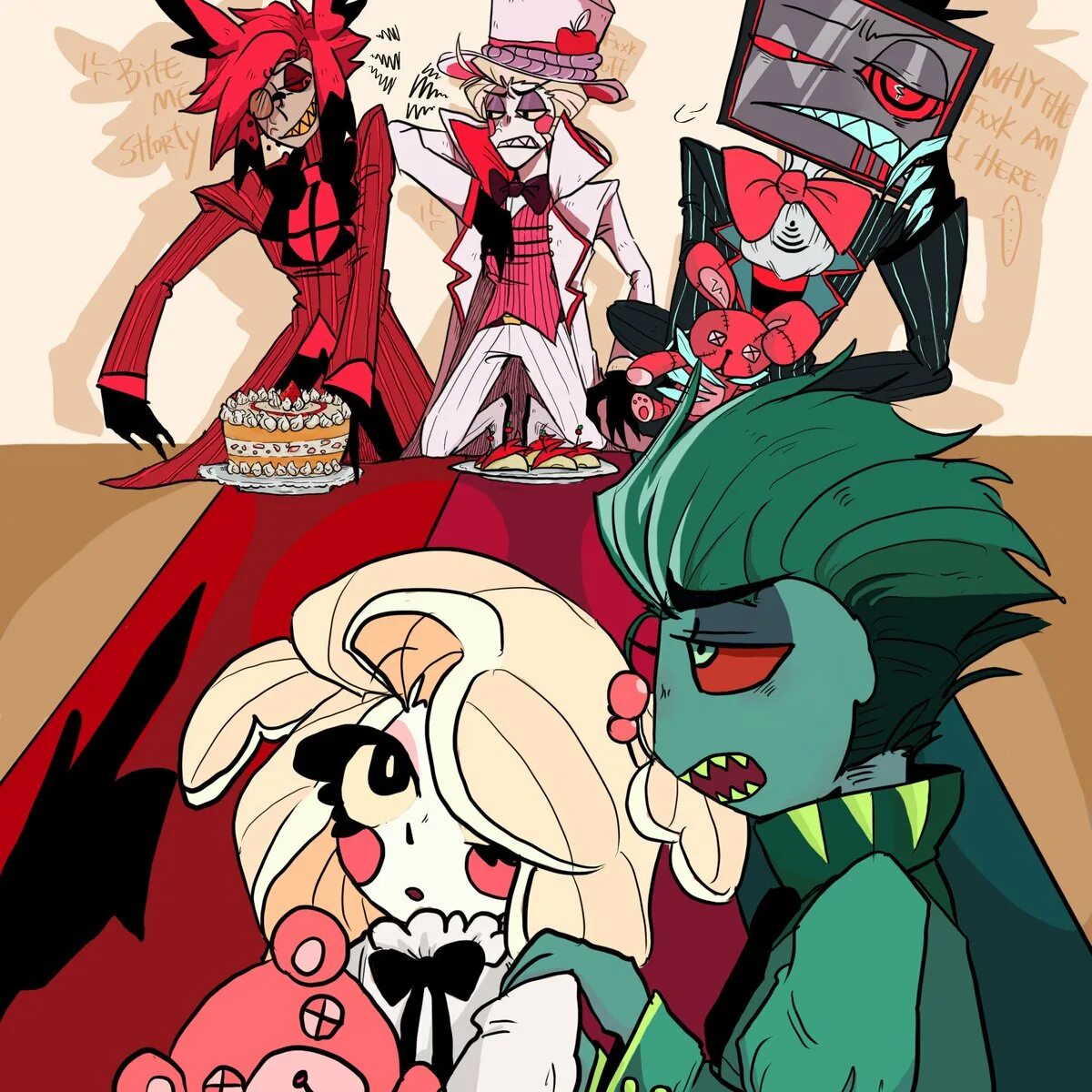 Семь смертных грехов хазбин. Hazbin Hotel Crossover. Hazbin Hotel Хелса и Чарли. Hazbin Hotel Crossover Злыдни. Hotel Hazbin 7 смертных грехов.