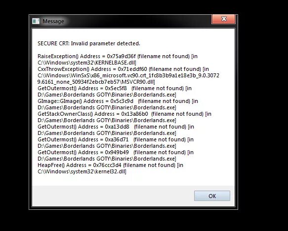 Ошибка message. Secure crt окна. invalid parameters. ошибка denuvo64 dll borderlands 3. после нажатия продолжить borderlands 3 зависает.