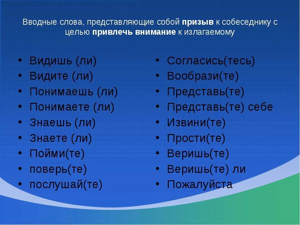 Призы к собеседникуводные слова. Вводные слова. Призыв к собеседнику вводные слова. Водные слова.