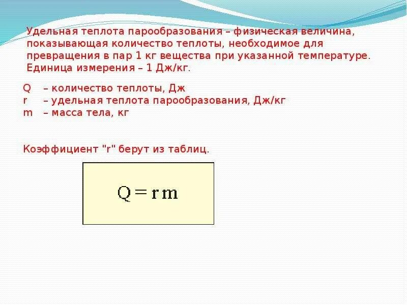 Удельная теплота испарения жидкостей. Удельная теплота испарения жидкости формула. Удельная теплота парообразования формула. Удельная теплота испарения воды.