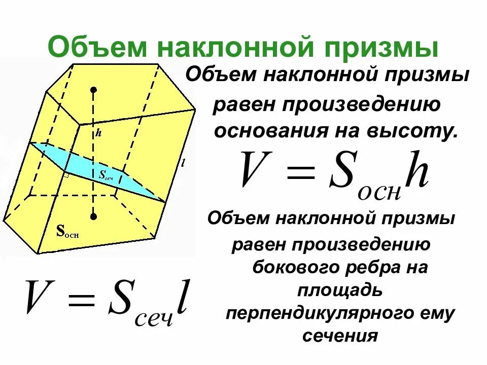 Сечение перпендикулярное основанию. Наклонная призма формула объема. объем наклонной призмы формула. объем наклонной призмы через сечение. объем наклонной треугольной призмы через сечение.