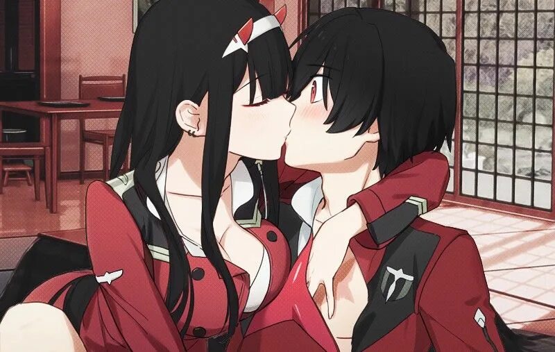 Vampyx kiss. Хиро аниме поцелуй. Хиро и Зеро 2 поцелуй. Аниме Darling in the FRANXX поцелуй. Зеро ту с черными волосами.