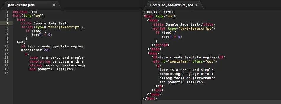 Jade препроцессор. Jade (Programming language). Код html на Atom. Jade engine.