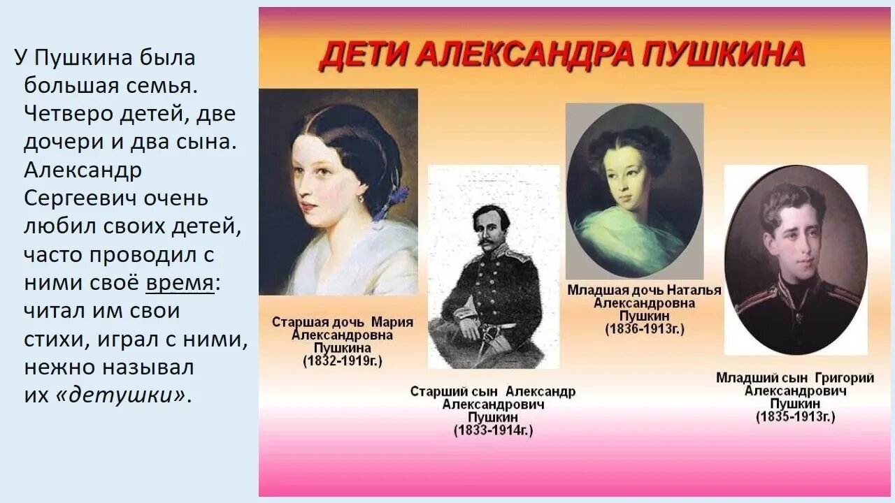 Дети Пушкина и Гончаровой. Дети Натальи Гончаровой и Пушкина. Чей родственник поет