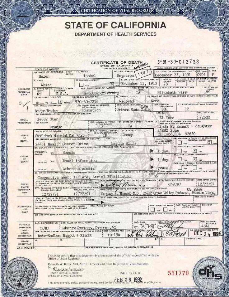 Certification of Vital record. Certificate California. Death Certificate (1991).