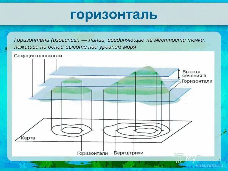 Горизонтали и вертикали. Горизонталь. Горизонтали на плане местности. Изображение неровностей земной поверхности на плане. Расположение горизонталей