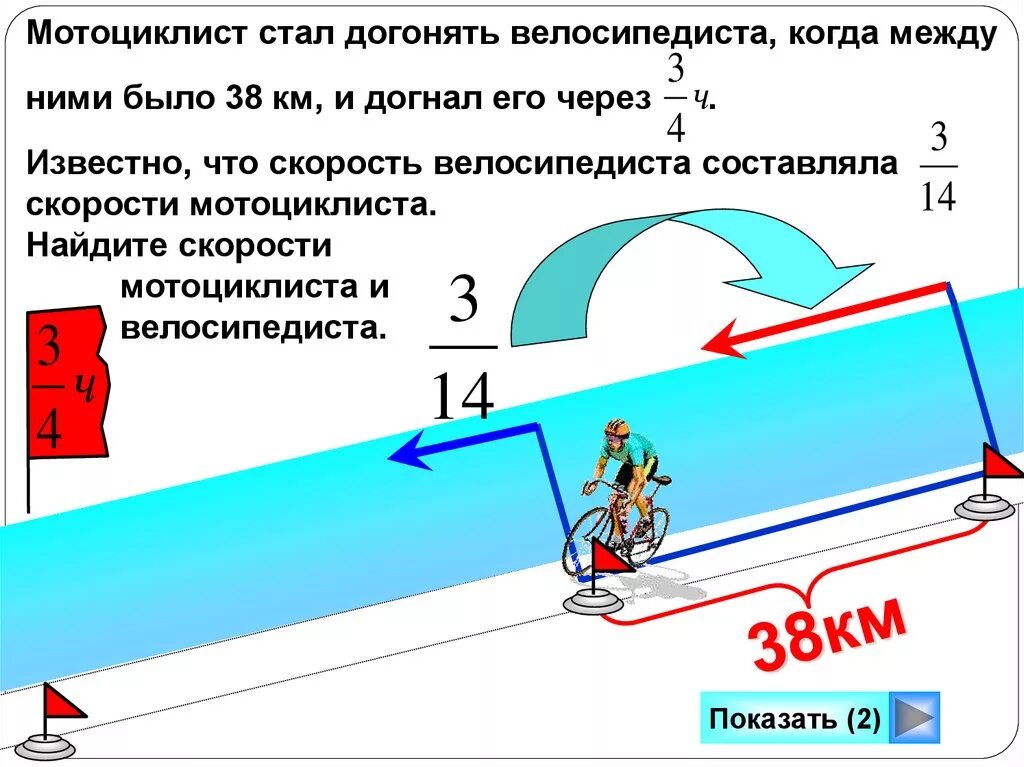 Мотоциклист догоняет велосипедиста скорость