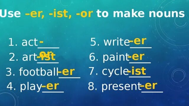 Noun ist. Use er ist or to make Nouns. Er ist or to make Nouns. Use -ist -or -er to form Nouns. Суффиксы er or ist в английском языке.