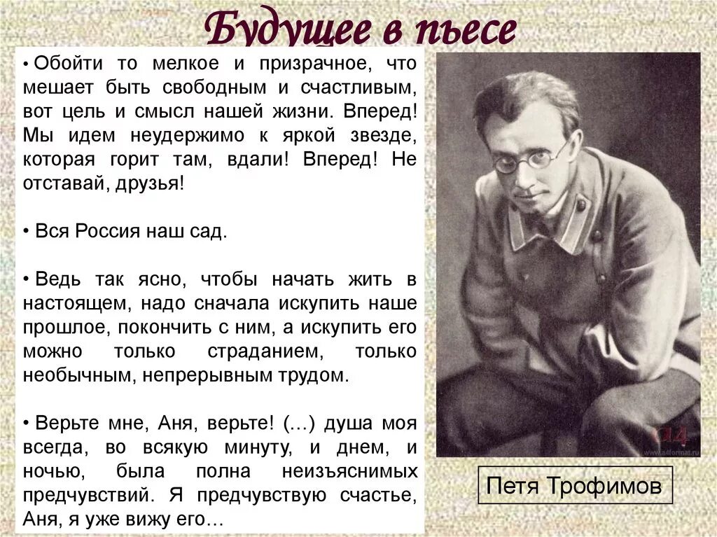 Главный герой в конце произведения. Образ Пети Трофимова вишневый сад. Прошлое Пети Трофимова и Ани вишневый сад.