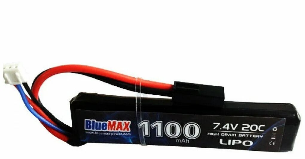 Аккумулятор для страйкбольного привода. Аккумулятор 7.4v 1100mah 20c cqb (lipo) bluemax. акб bluemax 7.4v lipo 1200mah 20c slim ak stick (11.5x17x185). аккумулятор блю макс 7*4.