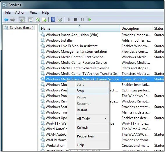 Как удалить windows services.  служба общих сетевых ресурсов проигрывателя windows media. startes. win serve sharing only read write.