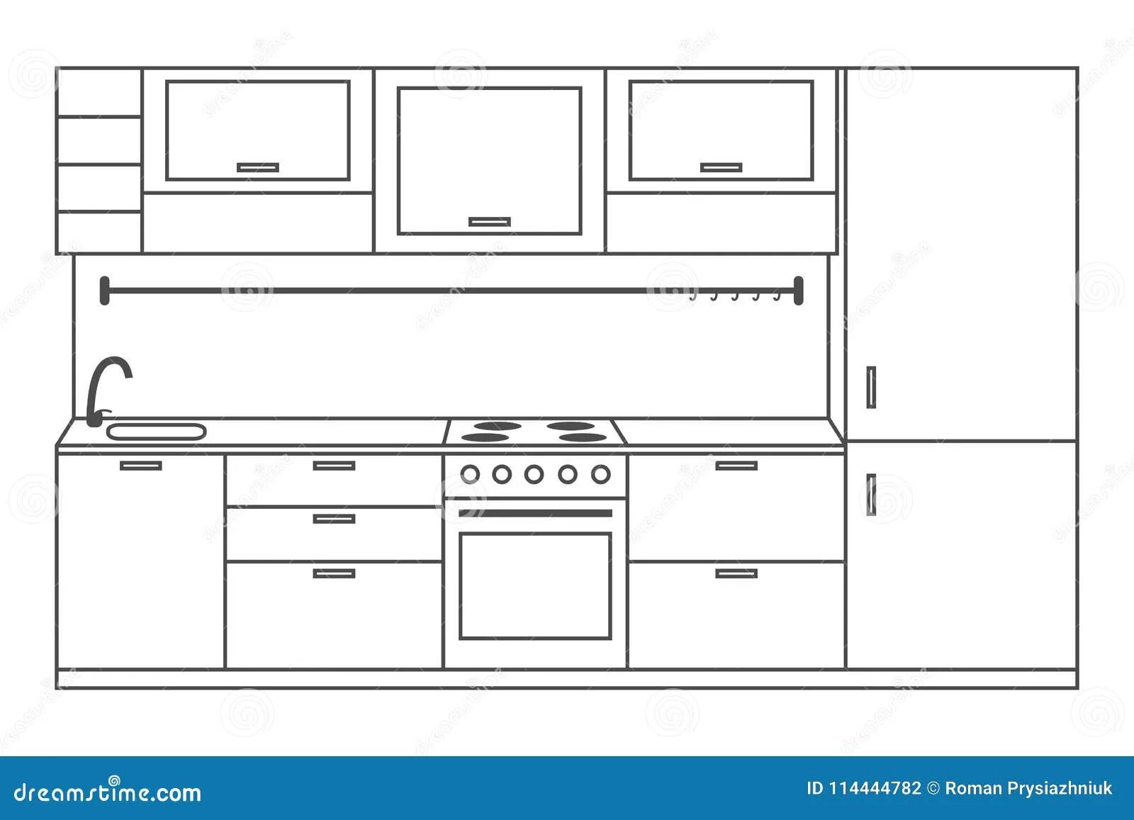 На рисунке изображены посудомоечная машина и холодильник. Кухня вид спереди. Кухня рисунок. Иллюстрации кухонных полок. Шкафчик кухонный нарисованный.