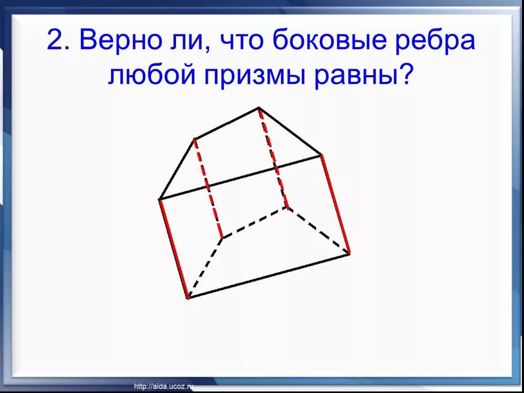 Боковыми рёбрами призмы называются отрезки:. Боковые ребра призмы равны между собой. Боковые грани призмы. Грани и ребра призмы. Боковые ребра призмы равны между собой.