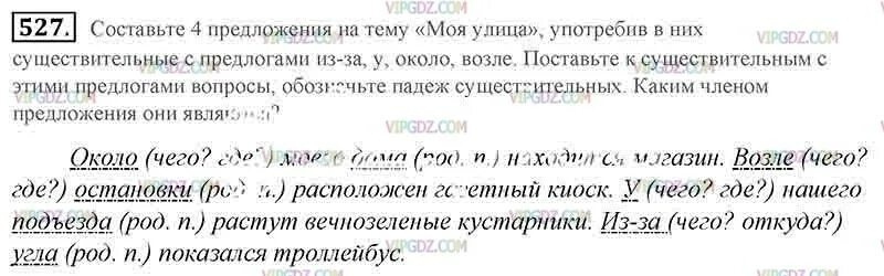 Четыре предложения на тему моя улица. Составь 4 предложения на тему моя улица. Предложения про улицу с предлогами из-за у около возле. Русский язык 5 класс упражнение 527. Составьте четыре предложения на тему моя улица