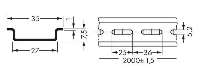 Din рейка 35х7 мм. Din рейка 35х7.5 мм 1000 мм чертеж. Din-рейка WAGO 210-112 2000х35х7,5мм. Рейка стальная несущая WAGO 210-113.