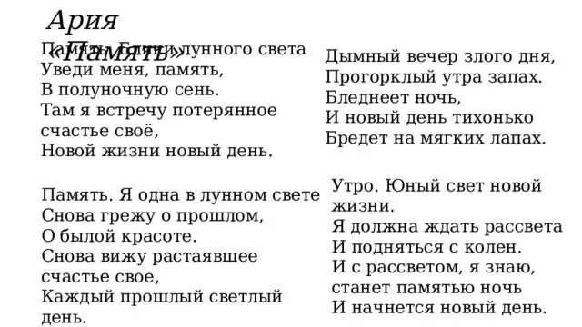 Кошки ария память. Ария память текст. Память блики лунного света Уведи меня память в полуночную сень. Ария память из мюзикла кошки. Слова арии память.