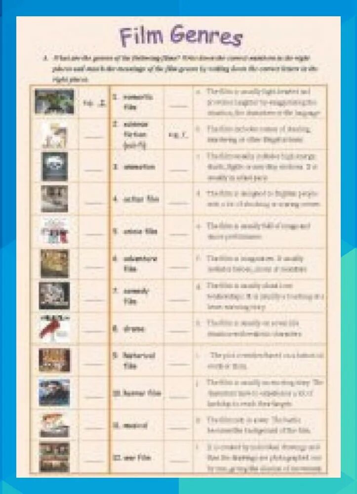 It is a genre. Films worksheets. movie genres worksheets. movie genres на английском.