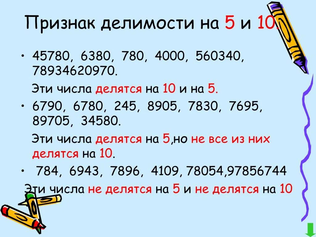 На какие цифры делится 10. Признаки делимости на 5. Признакиделмрсти на 5. На что делится 5 и 10. Делимость чисел на 5.