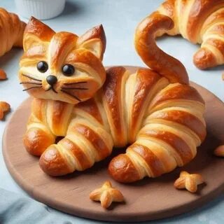 Кот с круассаном и кофе
