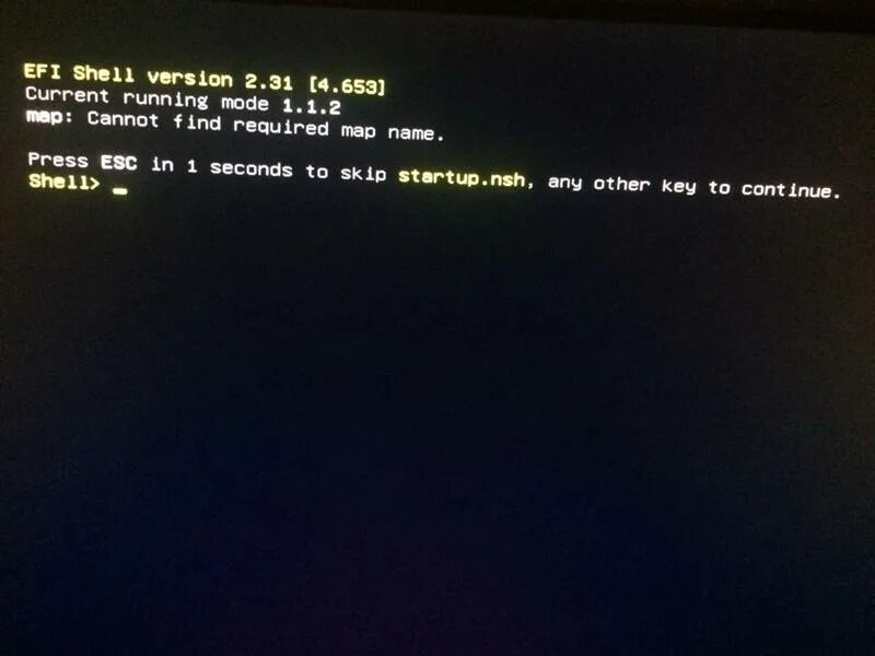 Continue startup. EFI Shell Version 2.31. EFI Shell Version 2.40 5.11. EFI Shell Mode. Press ESC in 1 seconds to skip Startup.NSH any other Key to continue.