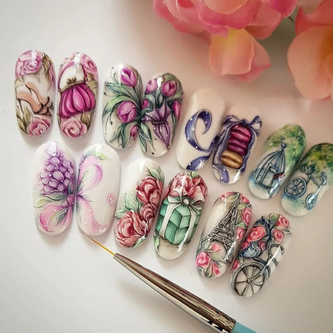 Painting nails. Лилия Нигматуллина роспись гель лаками. Хужожественнаяроспись на ногтях. Цветы на ногтях. Акварельная роспись на ногтях.