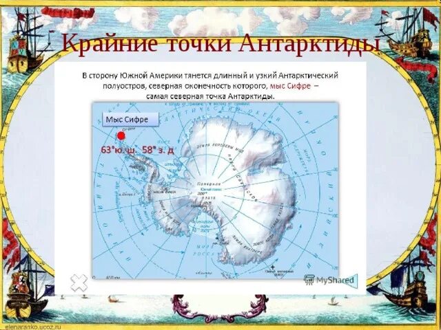 Крайняя Южная точка Антарктиды на карте. Крайние точки Антарктиды 7 класс география. Крайняя точка мыс Сифре на карте Антарктиды. Крайняя точка материка Антарктида на карте.