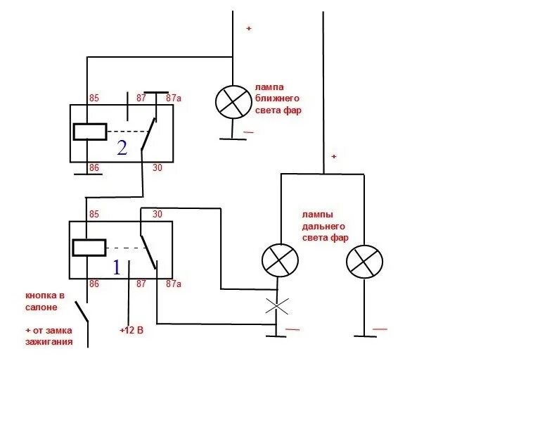 Реле включение дальнего света схема. Схема включения ходовых огней в полнакала. Схема включения дальнего света в полнакала. ДХО В Дальний свет в полнакала схема. Как фар сделать на русском