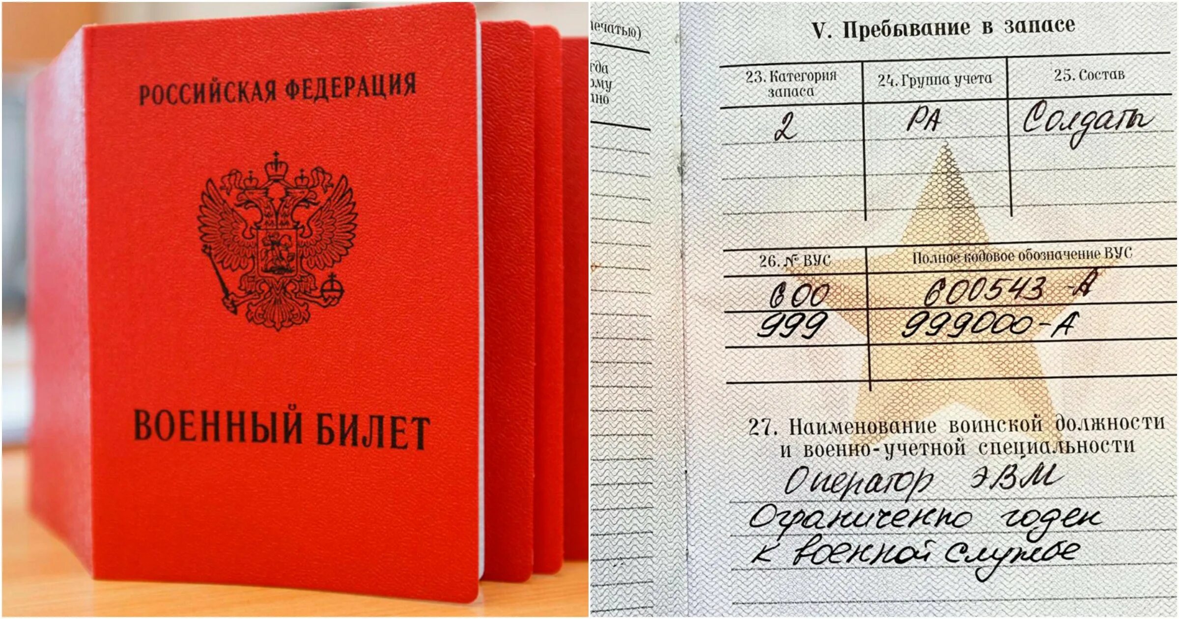 Что значит в военном билете ограниченно годен. Военный билет. Военный билет России. Военный билет запаса. ВУС В военном билете.