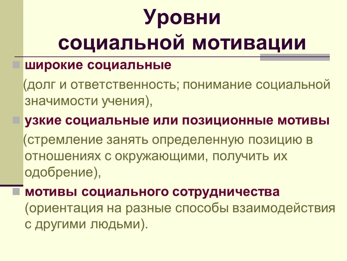 Социальные побуждения. Уровни социальных мотивов. Широкие социальные мотивы. Уровни мотивации. Социальный уровень.