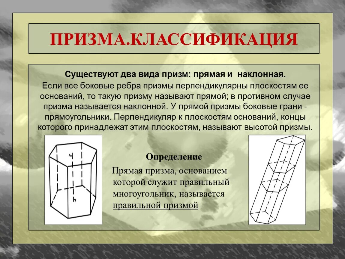 Является ли призма прямой. Призма. Классификация призм. Прямая Призма и Наклонная Призма. Призма виды призм.