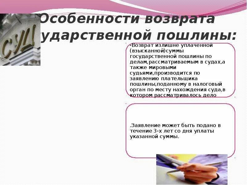 Срок возврата госпошлины. Особенности уплаты государственной пошлины. Виды госпошлины. Государственная пошлина характеристика. Государственная пошлина презентация.