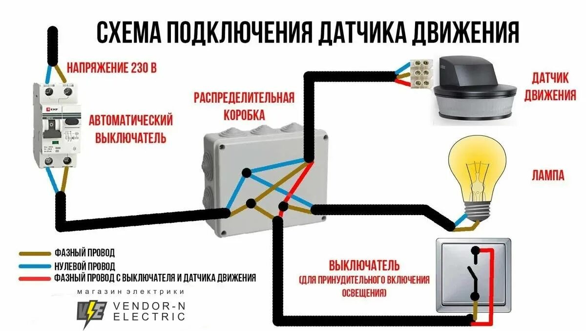 Как подключить движения. Схема подключения двух датчиков движения через выключатель. Схема подключения светильника с датчиком движения через выключатель. Схема расключения датчика движения через выключатель. Схема включения прожектора с датчиком движения.