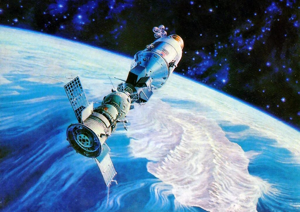 20 апреля космос. Орбитальная станция Союз Аполлон. Космический корабль Аполлон картина Леонова. "Союз - Аполлон. Первая встреча" Юрия Походаева.