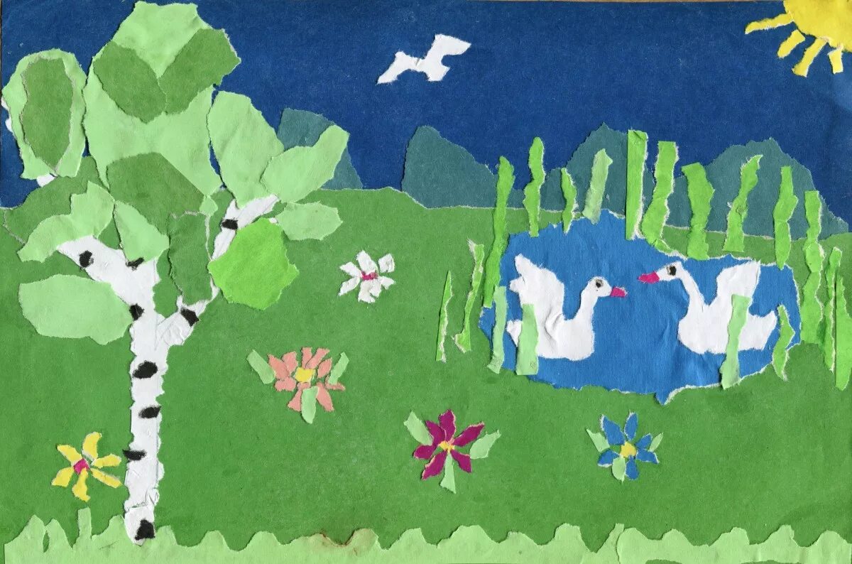 аппликация на тему природа. коллективное панно. аппликация природа. сюжетная аппликация из бумаги. декоративно-прикладное творчество в детском саду.