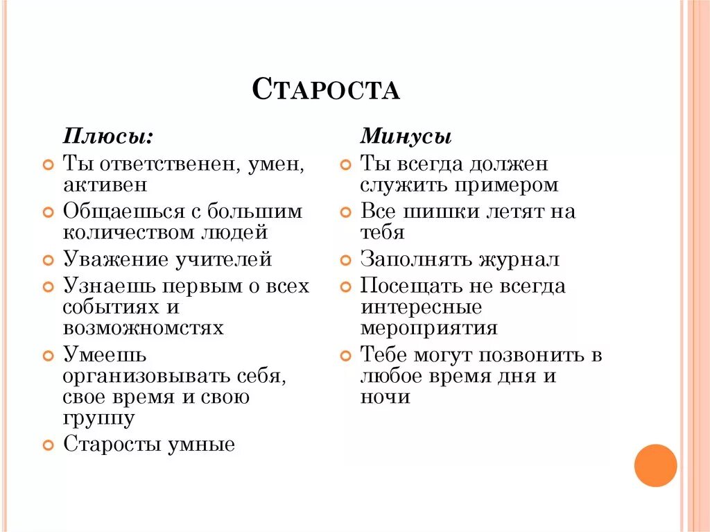 Плюсы и минусы компании. Староста. Обязанности старосты группы. Плюсы старосты.