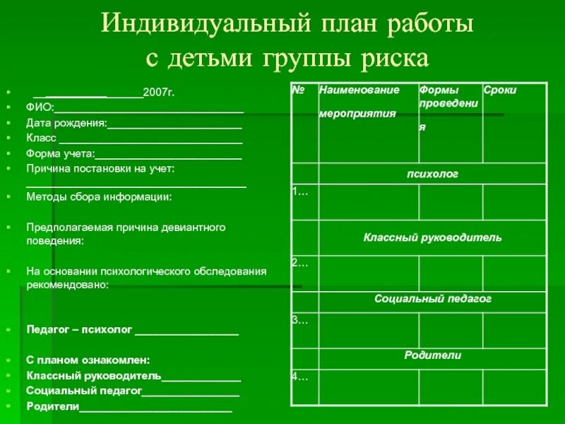 Программа работы с группой риска. План работы с детьми группы риска по русскому языку 7 класс.