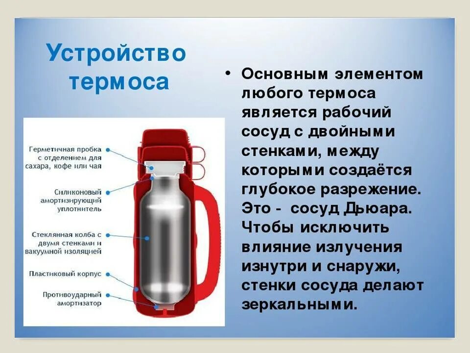 Термос какая температура. Устройство и принцип работы термоса. теплопередача термоса физика. конструкция термоса. строение термоса.