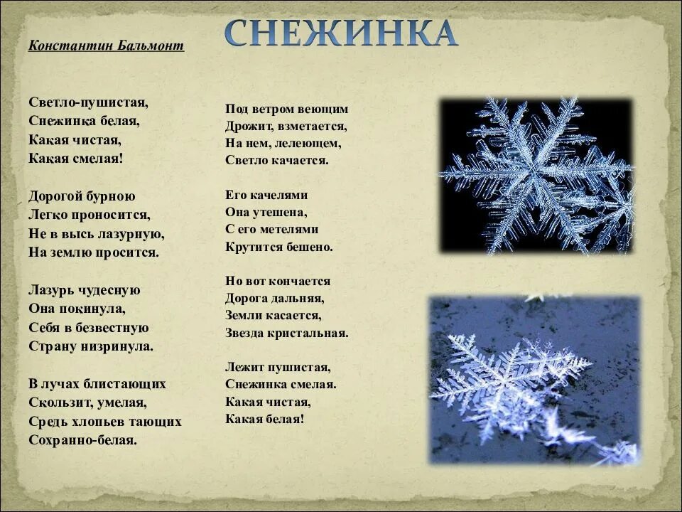 Стих является текстом. Бальмонт Снежинка в сокращении. Бальмонт светло-пушистая Снежинка белая.