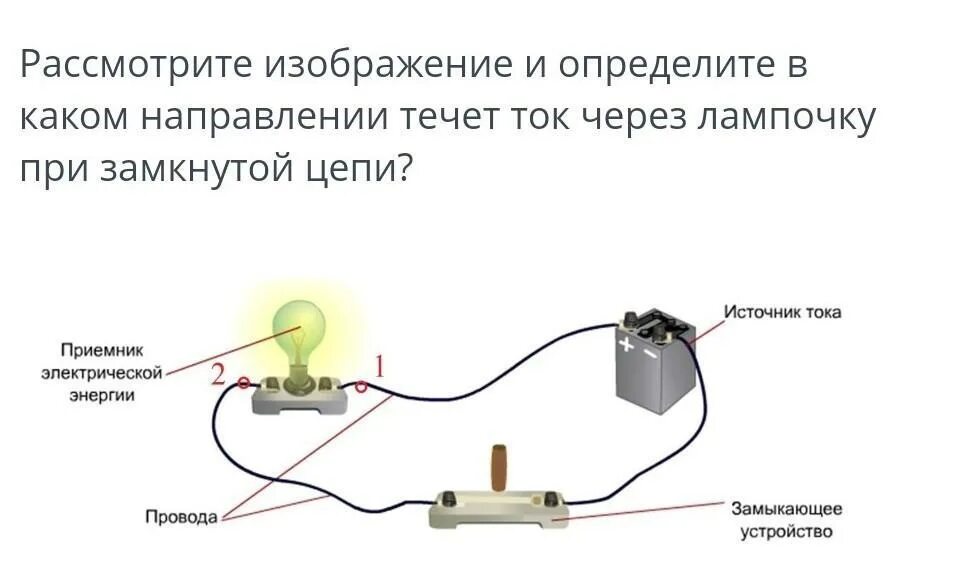 Какой ток течет в лампочке. В каком направлении течет ток. В каком направлении течет ток в замкнутой цепи. В каком направлении течет ток при замкнутой цепи. В каком направлении течёт ток через амперметр при замкнутой цепи.