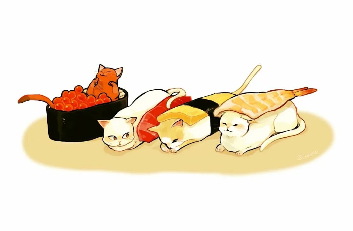 Кот рисунок есть. Роллы в виде кота. кавайные котики с едой. кот с роллами арт. роллы в мультяшном стиле.