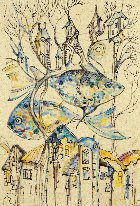 Рисование в смешанной технике. Пейзаж акварелью и фломастерами. Книжные иллюстрации в технике коллаж. Акварель с гелевой ручкой. Смешанная техника рисования.