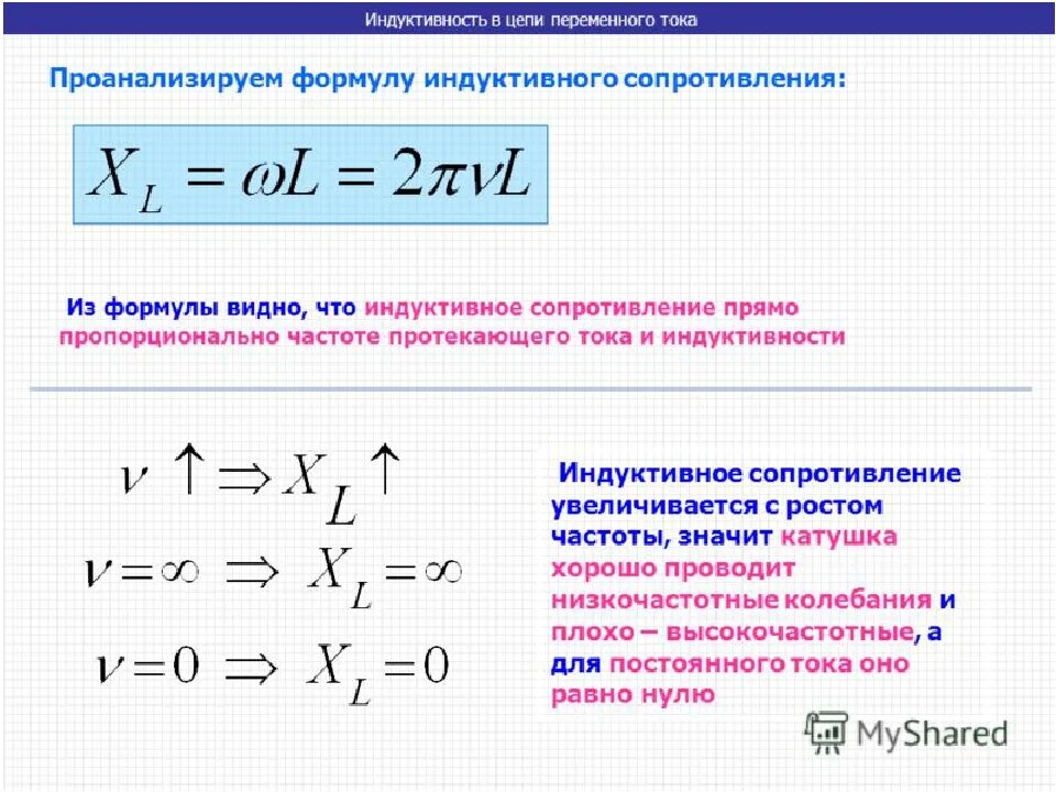 Как найти индукционное сопротивление. Индуктивность катушки формула через индуктивное сопротивление. Формула определения индуктивного сопротивления катушки. Индуктивность в цепи переменного тока формула.