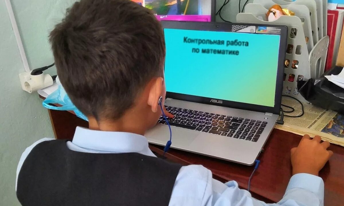 Дистанционное образование в школе. Интернет в школе. Дистанционный урок в ШК. Дети в компьютерном классе.