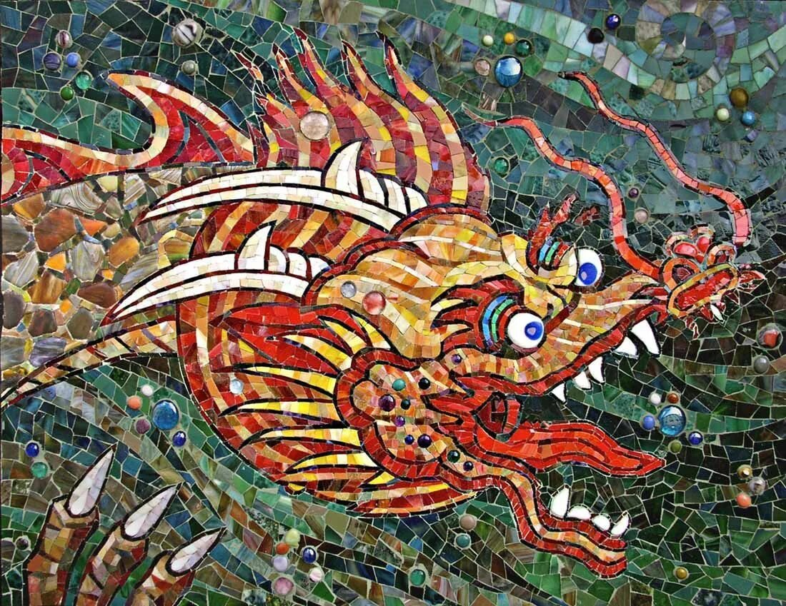 Мозаика в древнем Китае. Дракон из мозаики. Китайский дракон мозаика.