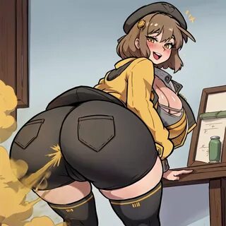:d, ai generated, anis (nikke), bent over, beret, blush, brown hair, cleava...