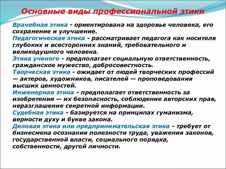 Правило поведения с этическим содержанием обладающее значимостью. Основные виды профессиональной этики. Основные виды проф этики. Виды профессиональной морали. Общие принципы профессиональной этики.