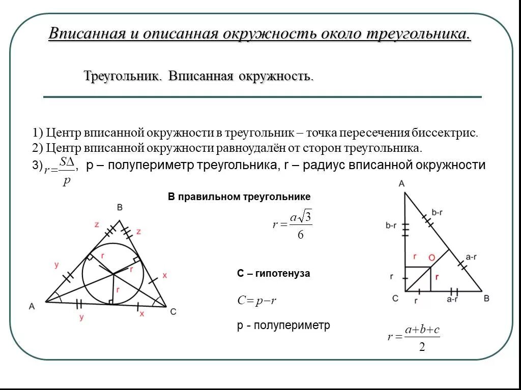 Формула вписанной окружности в равнобедренный треугольник