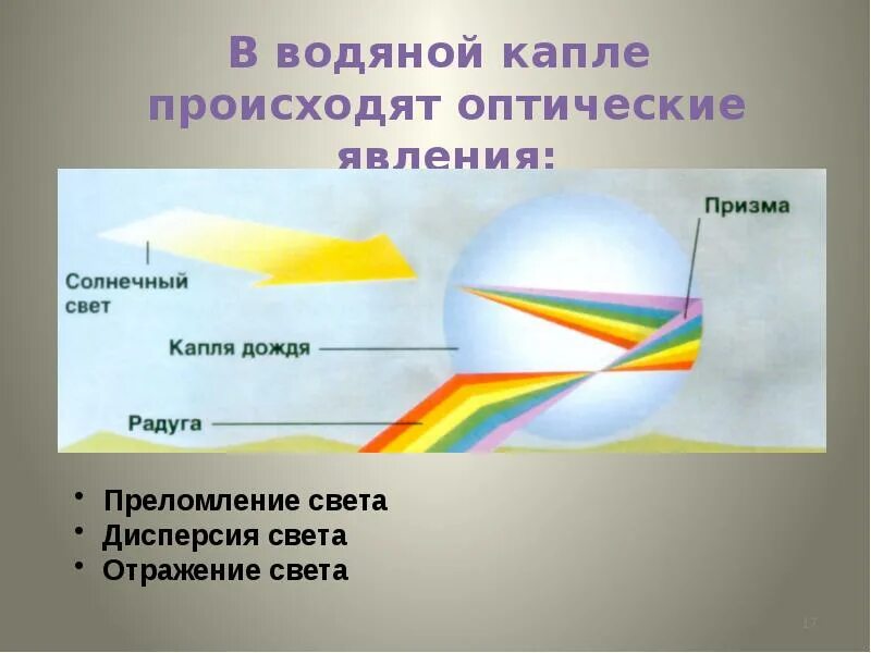 В водяной капле происходят оптические явления:. Преломление солнечных лучей. Преломление радуги. Оптические явления преломление света. Дисперсия в природных явлениях