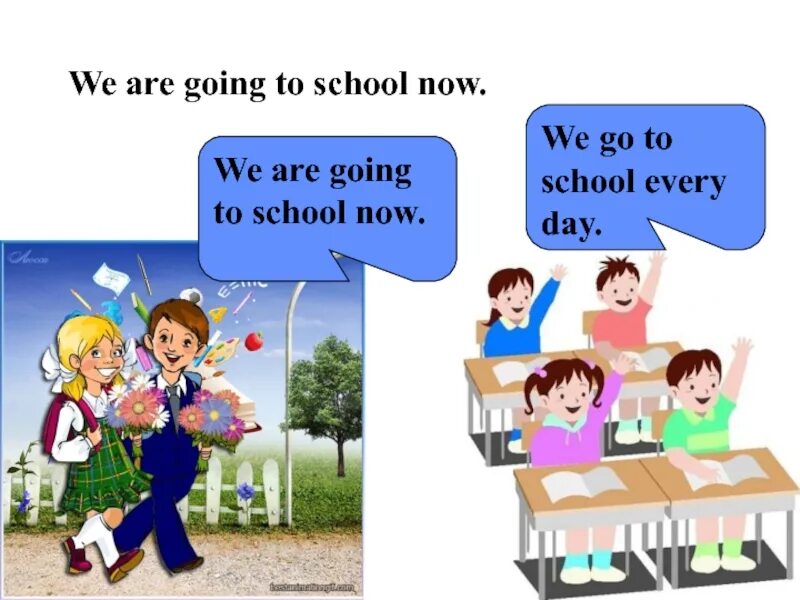He will go to school. Going to School. We go to School every Day. Go to School every Day. I go to School every Day.